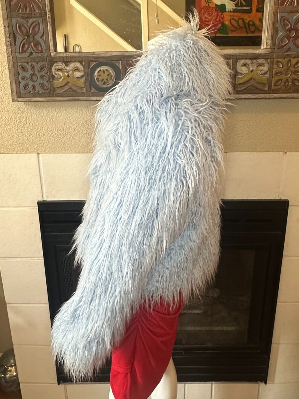 VTG FOREVER21 Blue Long Hair Faux Fur open Jacket Large Long Sleeve Collared - Picture 8 of 16